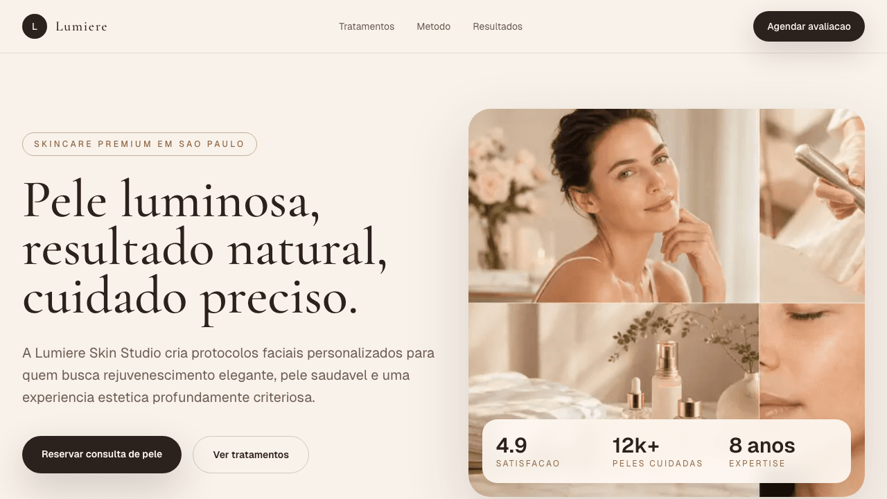 Screenshot da homepage do projeto Lumiere Skin Studio