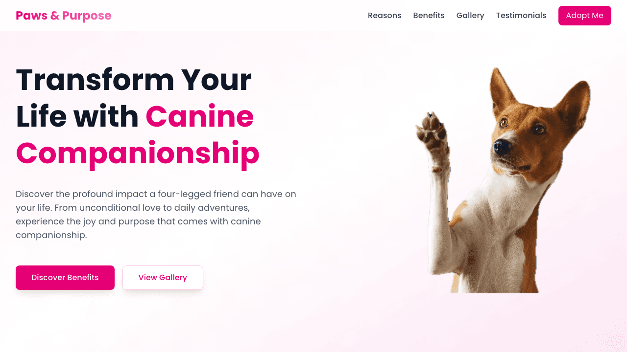 Screenshot da homepage do projeto Paws & Purpose